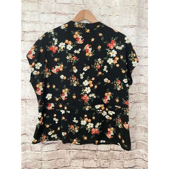 Cici Bird Shirt Womens Large Black Floral V Neck Short Sleeve Flowy Button Front - Picture 12 of 14